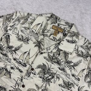 Caribbean Joe Button Down Mens L Cream Tropical Toile Aloha Shirt Short Sleeve